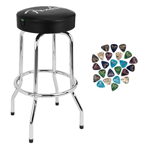 Fender 30-Inch Spaghetti Logo Pick Pouch Barstool - Black and Chrome w/ Picks