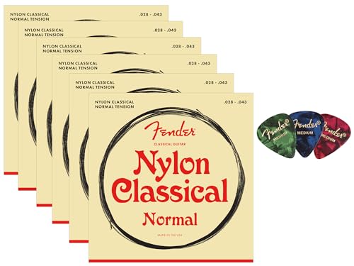 Fender Nylon Classical Guitar Strings, Normal Tension, .028-.043, Tie End - 6 Pack w/ Picks