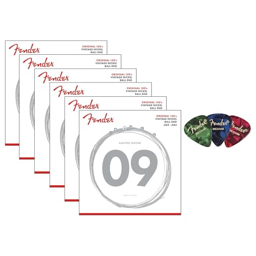 Fender Original 150's Pure Nickel Electric Guitar Strings, Ball End, .009-.042, Light - 6 Pack w/ Picks