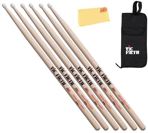 Vic Firth American Classic 5A Nylon Tip Drumsticks - 3 Pack w/ Stick Bag