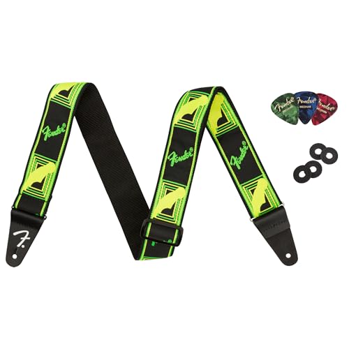 Fender Neon Monogrammed 2-Inch Guitar Strap - Green and Yellow w/ Strap Blocks