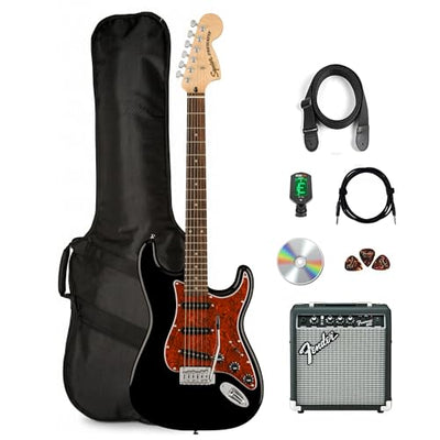 Fender Squier Affinity Stratocaster - Black Limited Edition Tortoise Shell Pickguard w/ Frontman 10G Amplifier