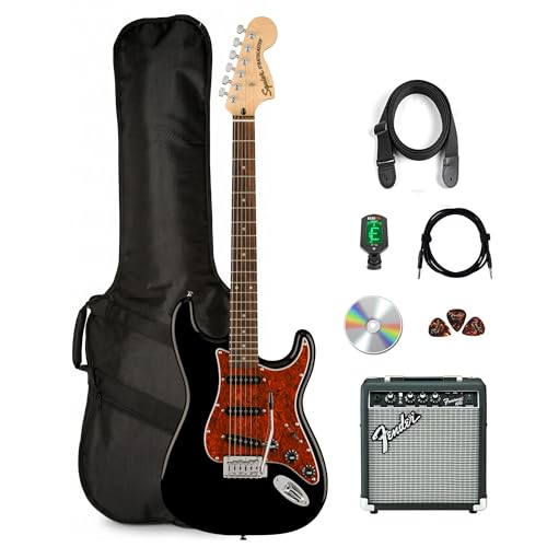 Fender Squier Affinity Stratocaster - Black Limited Edition Tortoise Shell Pickguard w/ Frontman 10G Amplifier