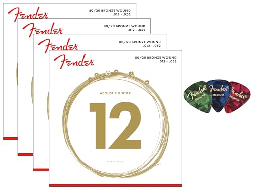 Fender 80/20 Bronze Acoustic Guitar Strings, Ball End, Light, .012-.052 - 4 Pack with Picks