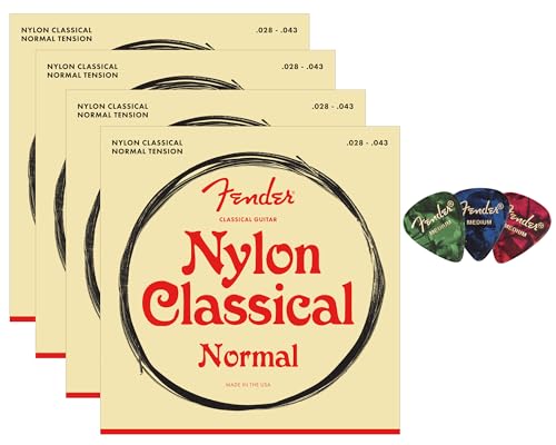 Fender Nylon Classical Guitar Strings, Normal Tension, .028-.043, Tie End - 4 Pack w/ Picks