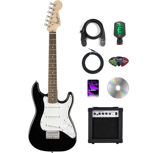 Fender Squier 3/4-Size Kids Mini Strat Electric Guitar - Black w/ Amplifier