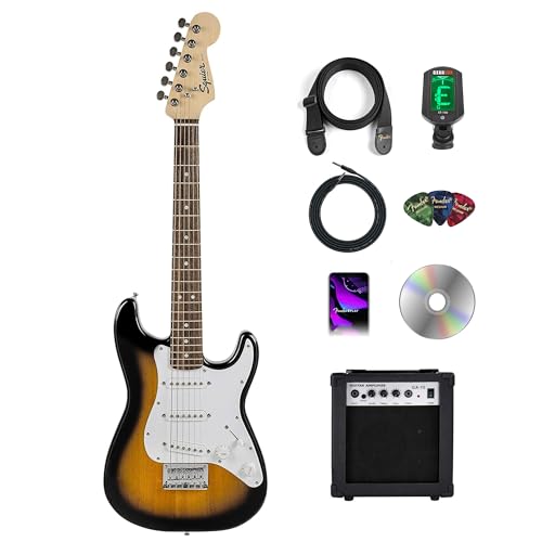 Fender Squier 3/4-Size Kids Mini Strat Electric Guitar - Sunburst w/ Amplifier