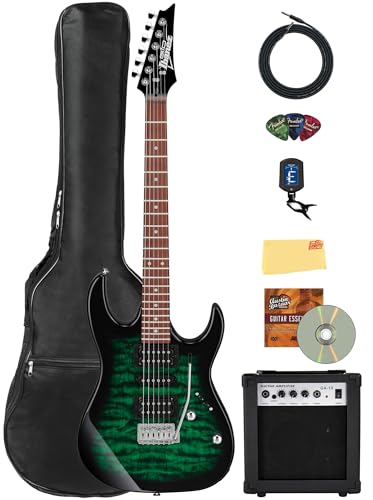 Ibanez GRX70QA RG Gio Electric Guitar - Transparent Emerald Burst w/ Amplifier