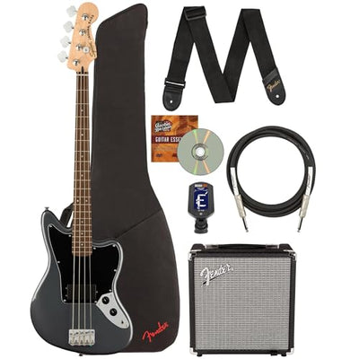 Fender Squier Affinity Jaguar Bass H - Charcoal Frost Metallic w/ Rumble 15 Amplifier