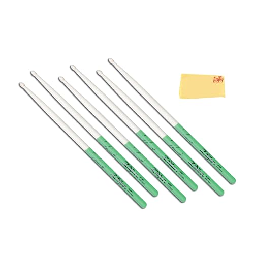 Zildjian 5A Maple Green DIP Drumsticks - 3-Pack Bundle with Austin Bazaar Polishing Cloth
