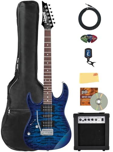 Ibanez GRX70QAL RG Gio Electric Guitar, Left Handed - Transparent Blue Burst w/ Amplifier