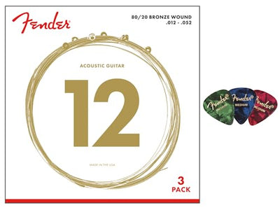Fender 80/20 Bronze Acoustic Guitar Strings, Ball End - Light .012-.052 - 3 Pack w/ Picks