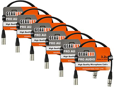 Gearlux 3.2-Foot XLR Microphone Cable, Fully Balanced, Male to Female, Black - 6 Pack