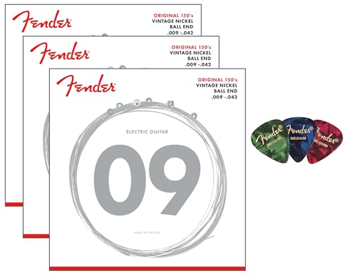 Fender Original 150's Pure Nickel Electric Guitar Strings, Ball End, .009-.042, Light - 3 Pack w/ Picks