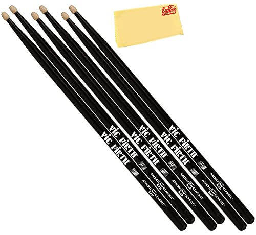 Vic Firth American Classic 5A Black Drumsticks - 3 Pairs with Austin Bazaar Polishing Cloth