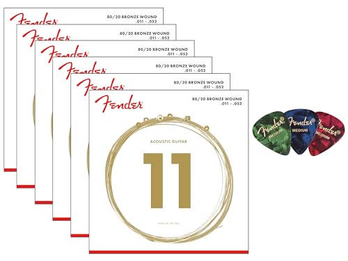 Fender 80/20 Bronze Acoustic Strings, Ball End, Custom Light, .011-.052 - 6 Pack w/ Picks