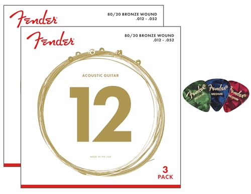 Fender 80/20 Bronze Acoustic Guitar Strings, Ball End - Light .012-.052 - 6 Pack w/ Picks