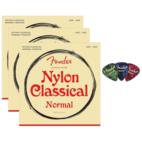 Fender Nylon Classical Guitar Strings, Normal Tension, .028-.043, Tie End - 3 Pack w/ Picks