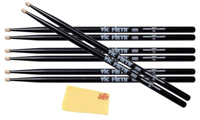 Vic Firth American Classic 5A Black Drumsticks - 4 Pairs with Austin Bazaar Polishing Cloth