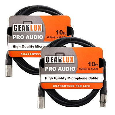 Gearlux 10-Foot XLR Microphone Cable, Fully Balanced, Male to Female, Black - 2 Pack