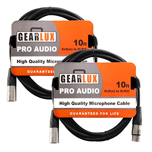 Gearlux 10-Foot XLR Microphone Cable, Fully Balanced, Male to Female, Black - 2 Pack