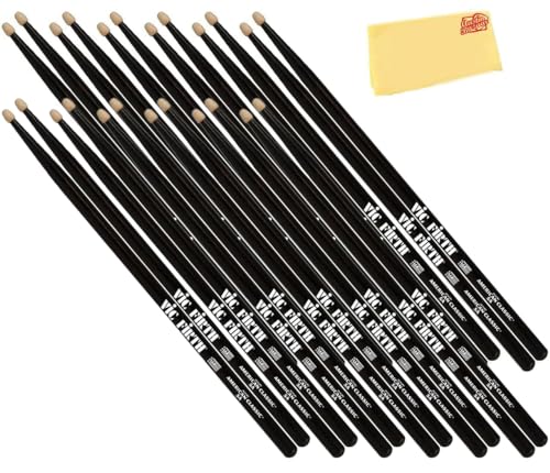 Vic Firth American Classic 5A Black Drumsticks - 12 Pairs with Austin Bazaar Polishing Cloth