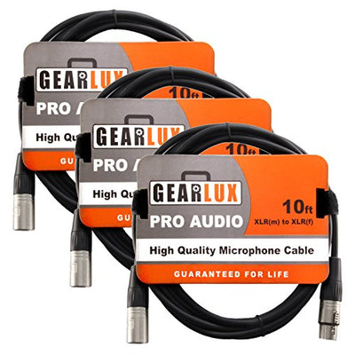 Gearlux 10-Foot XLR Microphone Cable, Fully Balanced, Male to Female, Black - 3 Pack