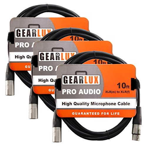 Gearlux 10-Foot XLR Microphone Cable, Fully Balanced, Male to Female, Black - 3 Pack