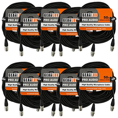 Gearlux 50-Foot XLR Microphone Cable, Fully Balanced, Male to Female, Black - 10 Pack