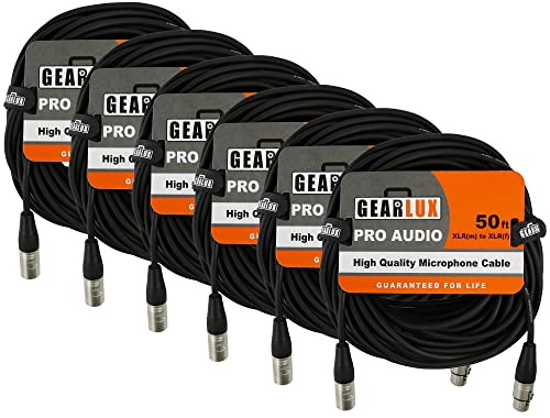 Gearlux 50-Foot XLR Microphone Cable, Fully Balanced, Male to Female, Black - 6 Pack