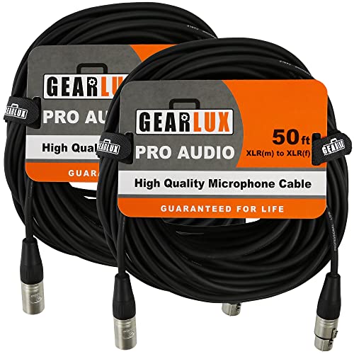 Gearlux 50-Foot XLR Microphone Cable, Fully Balanced, Male to Female, Black - 2 Pack