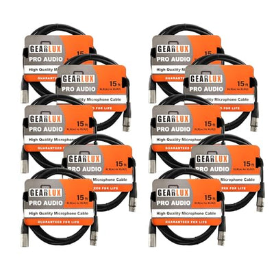Gearlux 15-Foot XLR Microphone Cable - 10 Pack