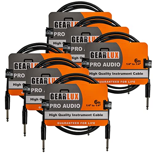 Gearlux 6-Foot Instrument Cable, 1/4 Inch, Straight-Straight, Black - 6 Pack