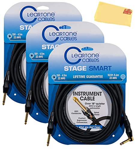 Cleartone 15-Foot Stage Smart Instrument Cable, Straight-Angled, 22 AWG - 3 Pack