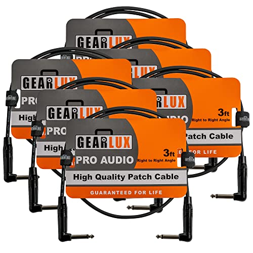 Gearlux 3-Inch Guitar Patch Cable, 1/4 Inch, Angled, Black - 6 Pack