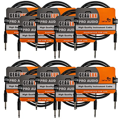 Gearlux 6-Foot Instrument Cable, 1/4 Inch, Straight-Straight, Black - 10 Pack