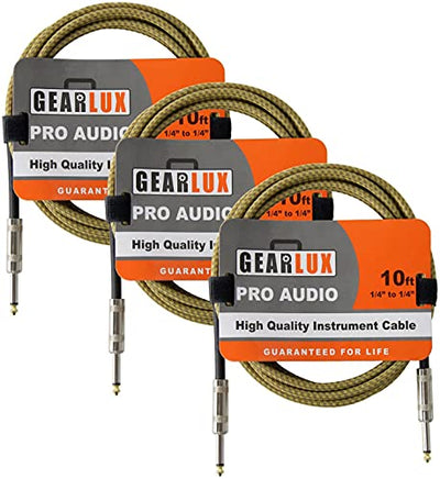 Gearlux Instrument Cable, 1/4 Inch, Straight-Straight, Tweed, 10 Foot - 3 Pack