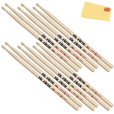 Vic Firth American Classic 5B Drumsticks - 6 Pack w/ Polishing Cloth
