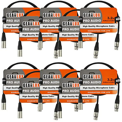 Gearlux 3.2-Foot XLR Microphone Cable, Fully Balanced, Male to Female, Black - 10 Pack