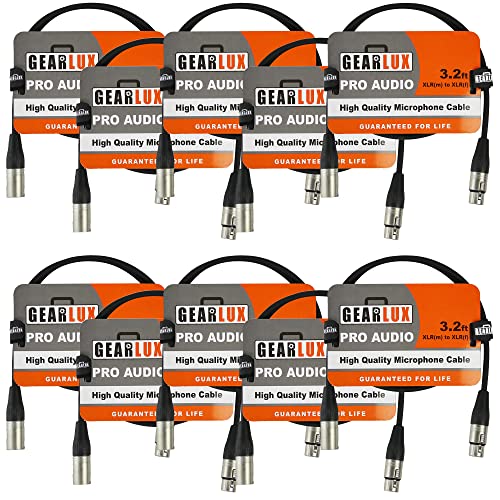 Gearlux 3.2-Foot XLR Microphone Cable, Fully Balanced, Male to Female, Black - 10 Pack