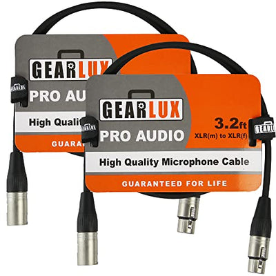 Gearlux 3.2-Foot XLR Microphone Cable, Fully Balanced, Male to Female, Black - 2 Pack