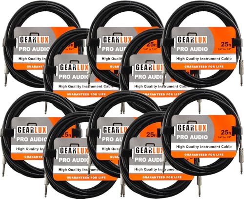 Gearlux Instrument Cable, 1/4 Inch, Straight-Straight, Black, 25 Foot - 10 Pack