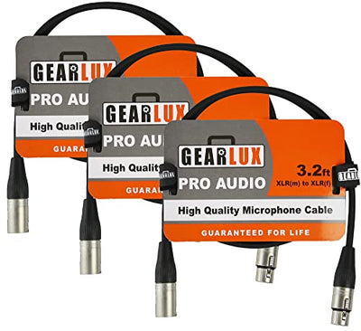 Gearlux 3.2-Foot XLR Microphone Cable, Fully Balanced, Male to Female, Black - 3 Pack