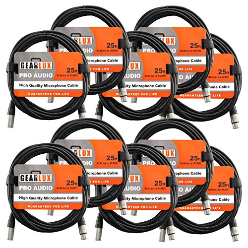 Gearlux 25-Foot XLR Microphone Cable, Fully Balanced, Male to Female, Black - 10 Pack