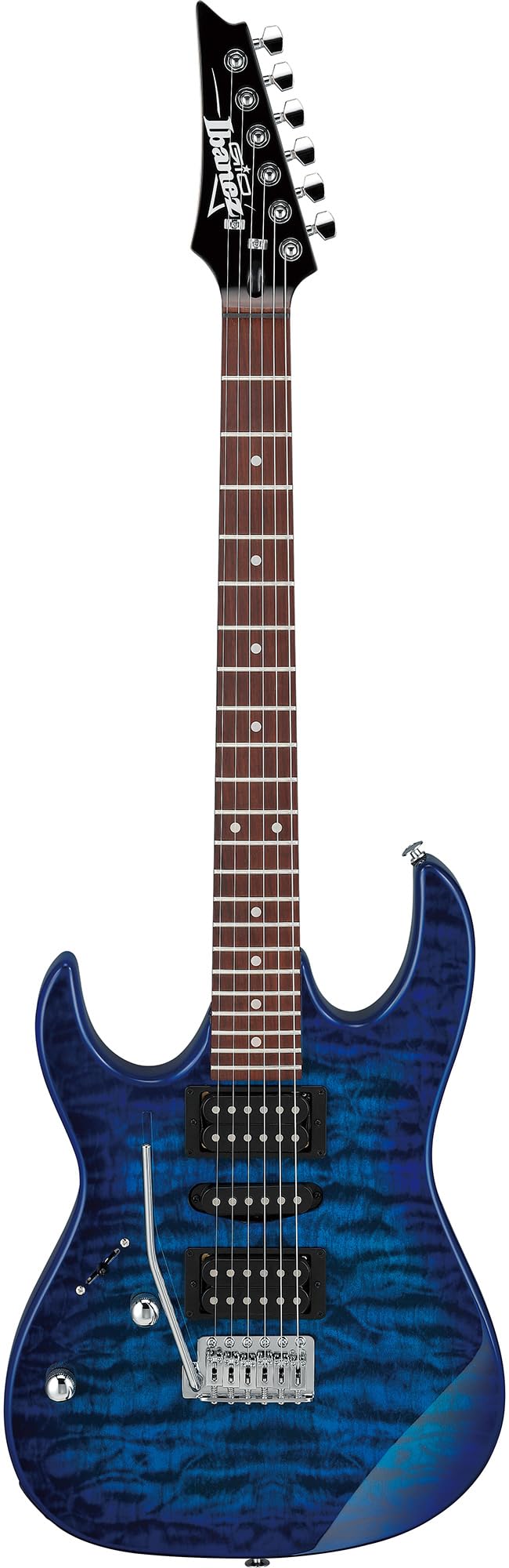 Ibanez GRX70QAL RG Gio Electric Guitar, Left Handed - Transparent Blue Burst w/ Amplifier
