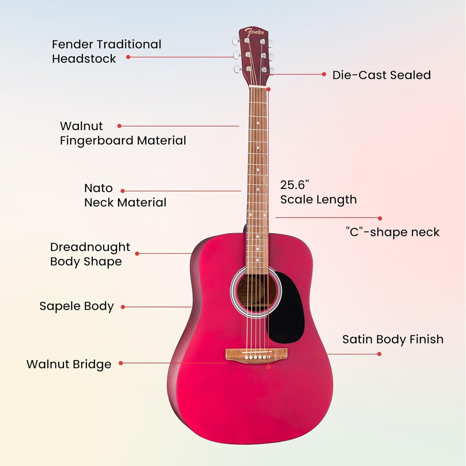 Fender FA Series Dreadnought Acoustic Guitar - Crimson Red w/ Gig Bag