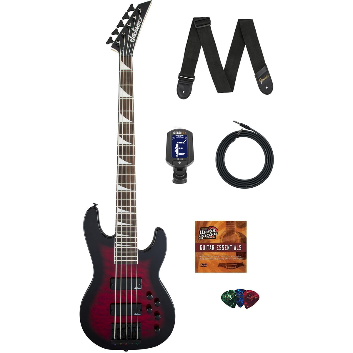 Jackson Concert Bass JS3VQ Bass Guitar - Transparent Red Burst w/ Instrument Cable