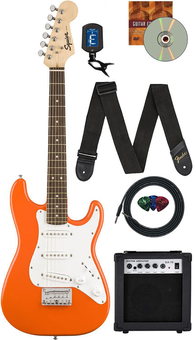 Fender Squier 3/4-Size Kids Mini Strat Electric Guitar - Competition Orange w/ Amplifier