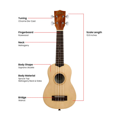 Kala KA-15S-S Satin Spruce Soprano Ukulele w/ Gig Bag