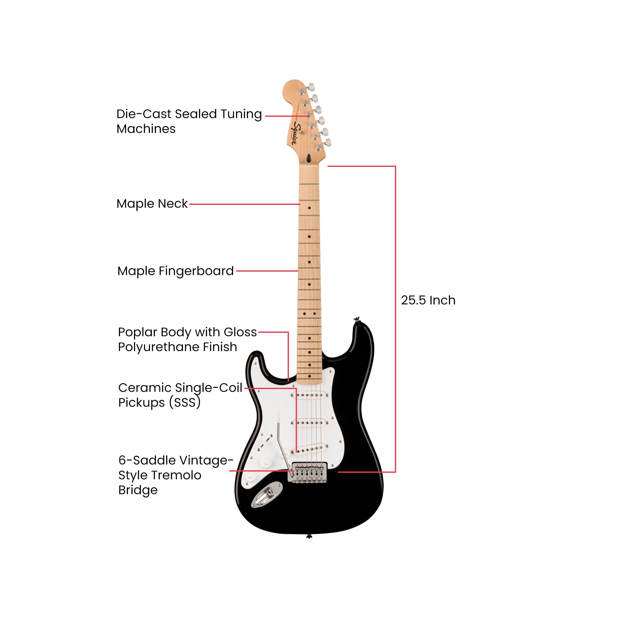 Fender Squier Sonic Stratocaster, Left Handed - Black w/ Mustang Micro